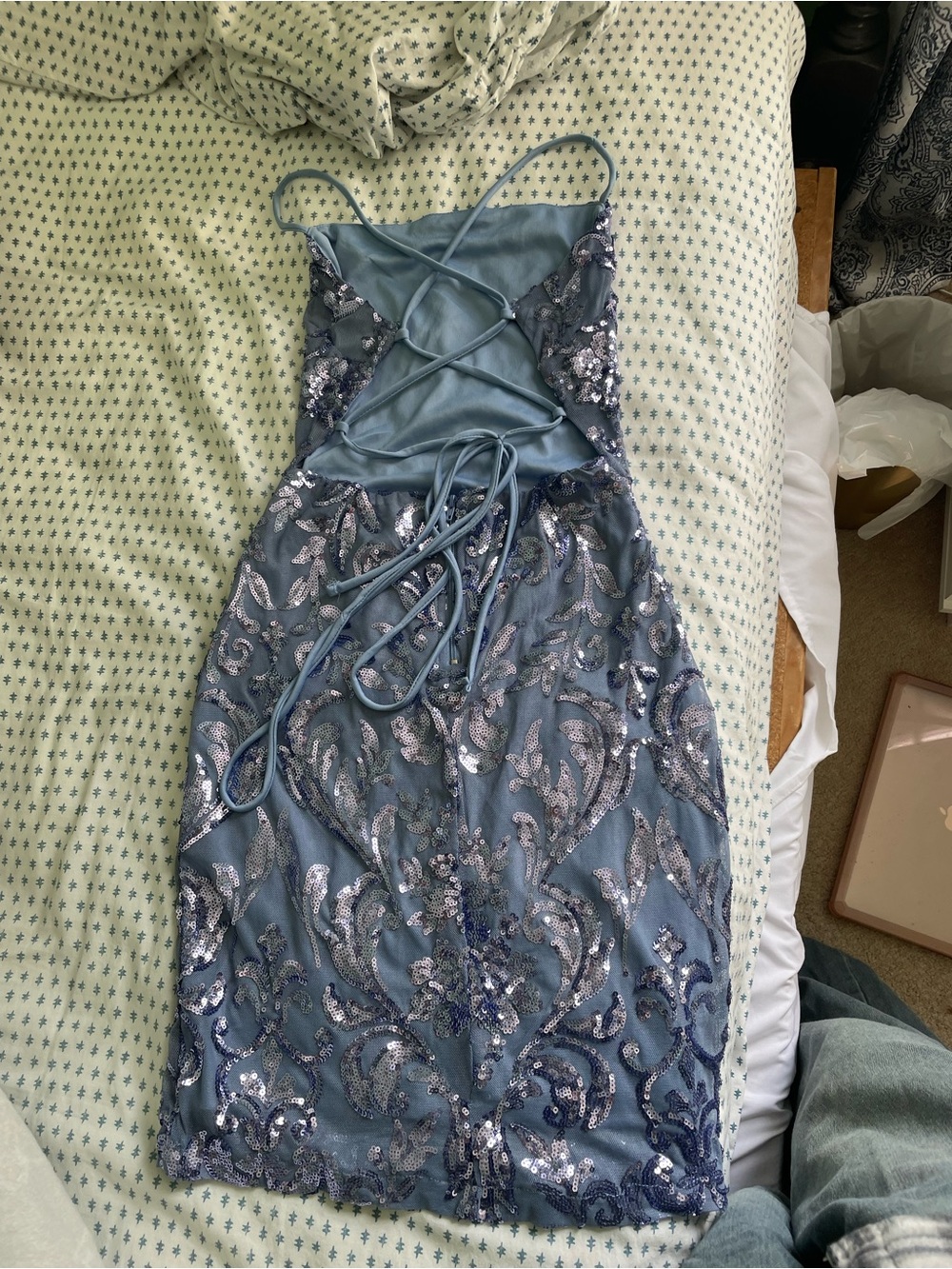 Blue Sequin Homecoming dress with adjustable back straps